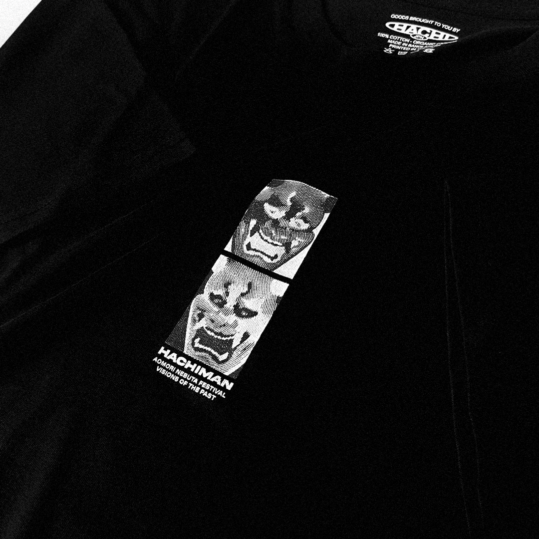 Aomori Black Organic T-shirt with Japanese demon graphic on the front. Close up.