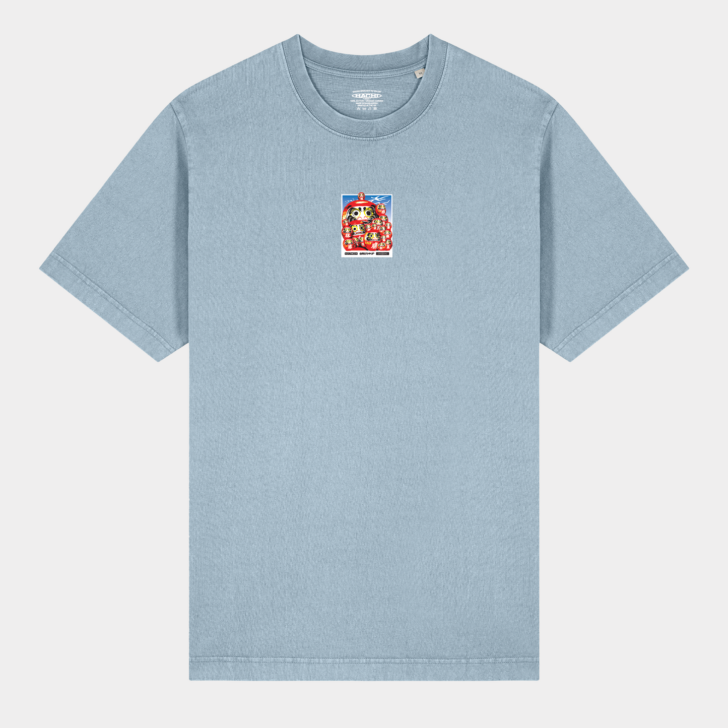 Stone Blue Heavy Oversized T-shirt with a Japanese graphic of daruma dolls on the front.