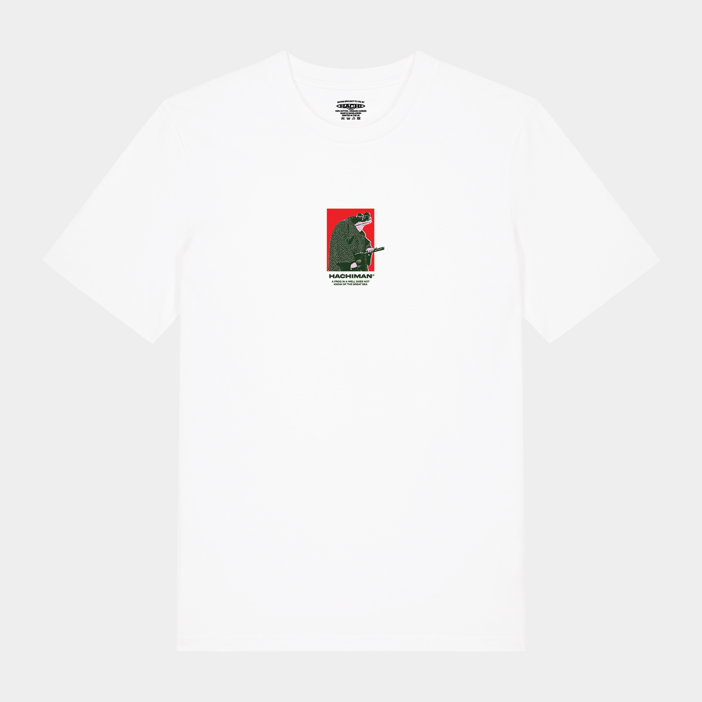 White organic t-shirt with a Japanese graphic of a samurai frog on the front.