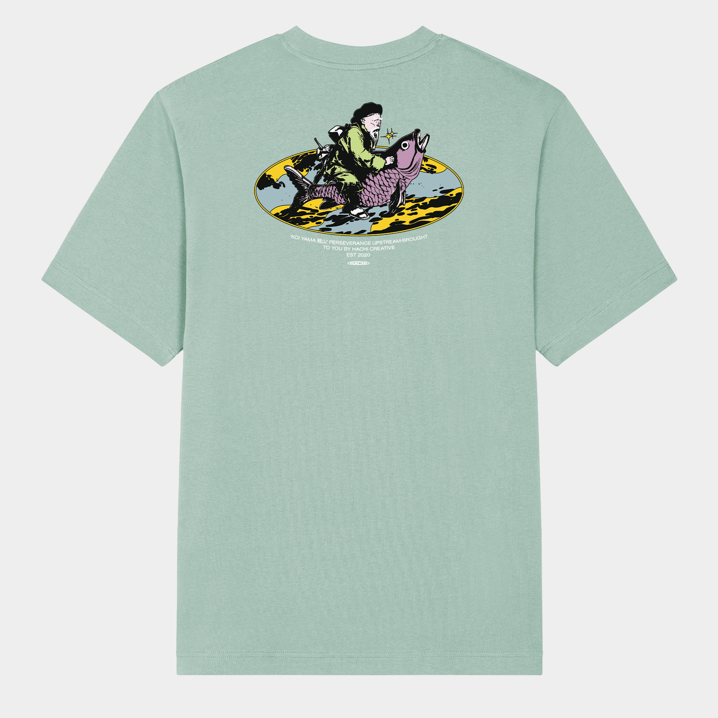 Hachiman JPN Black oversized organic t-shirt featuring a pastel colour front print of two Japanese dragons guarding a temple beneath a starry sky