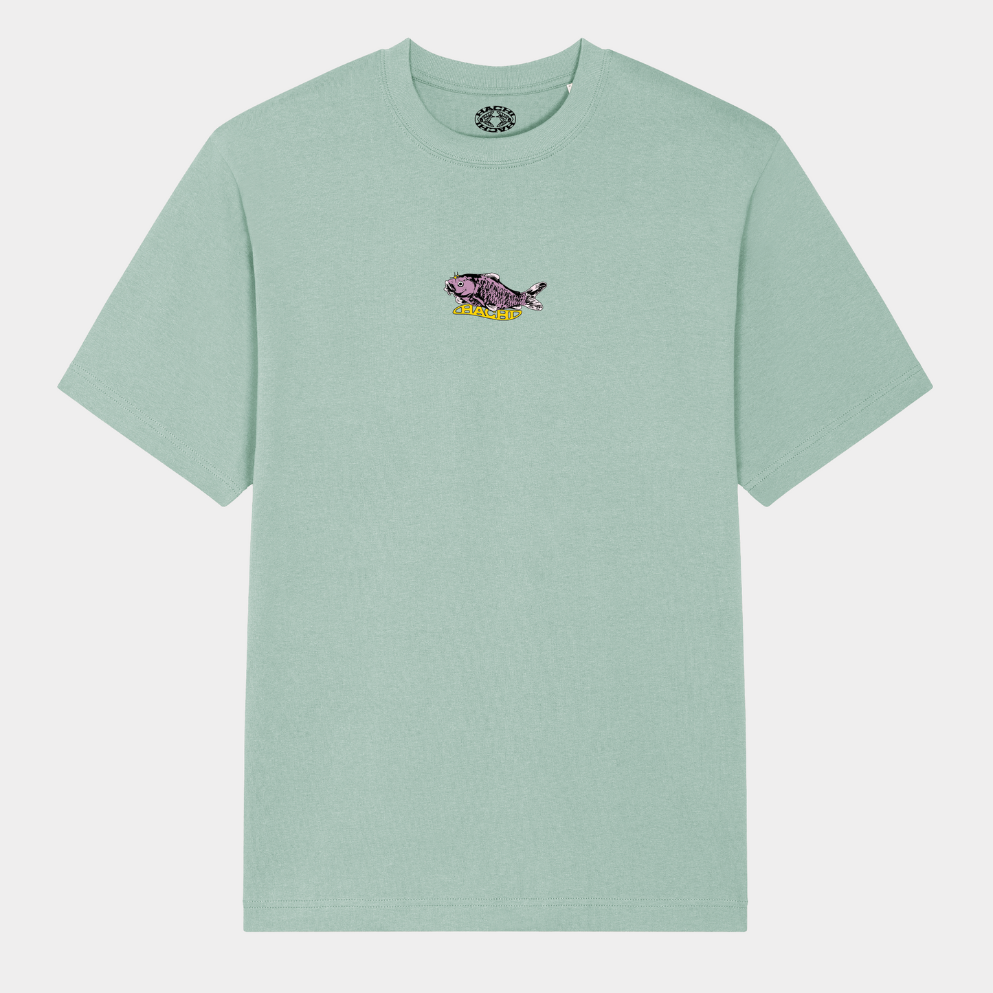 Light green Hachiman JPN oversized organic t-shirt featuring a pastel colour front print of a huge Japanese koi carp sat above a wavy Hachi logo.