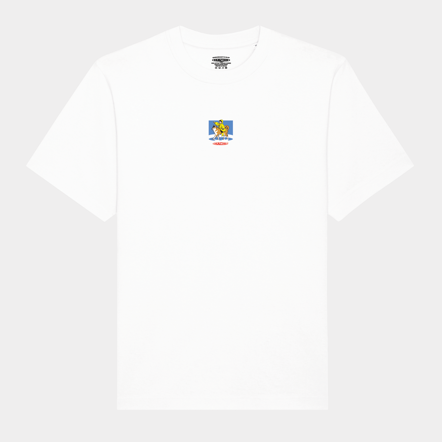 White heavy oversized organic t-shirt with a Japanese graphic of a school child riding on the back of a Shiba Inu.