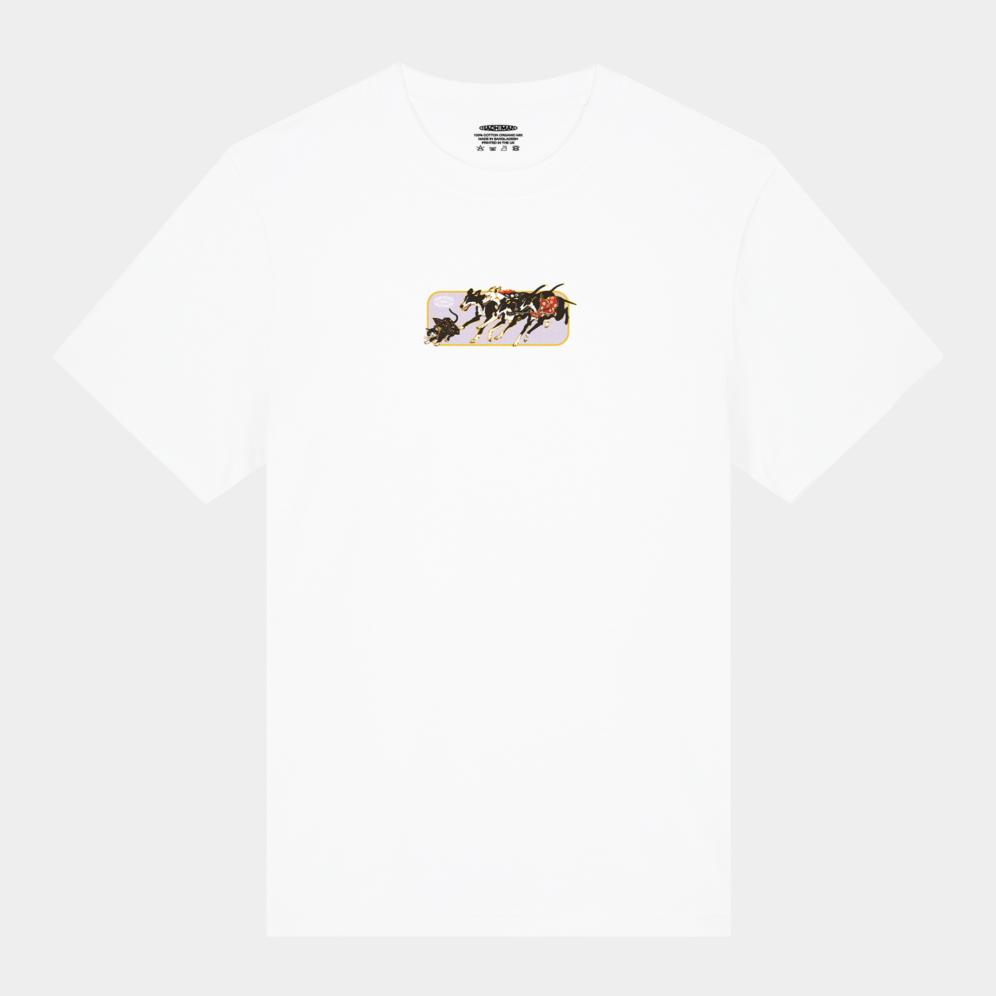 White relaxed organic t-shirt with a Japanese graphic of a cat wearing a kimono scurrying away from several greyhounds.