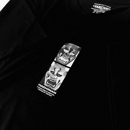Aomori Black Organic T-shirt with Japanese demon graphic on the front. Close up.