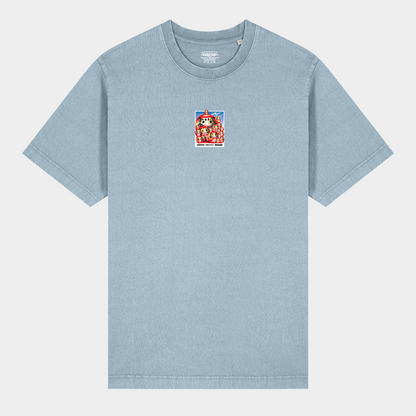 Stone Blue Heavy Oversized T-shirt with a Japanese graphic of daruma dolls on the front. 