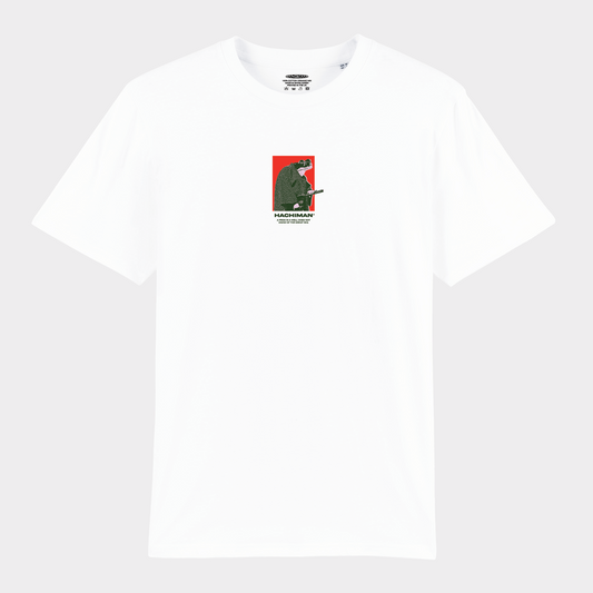 Hachiman JPN white organic t-shirt featuring a red and green front print of a samurai frog wearing a kimono with a katana at his hip.