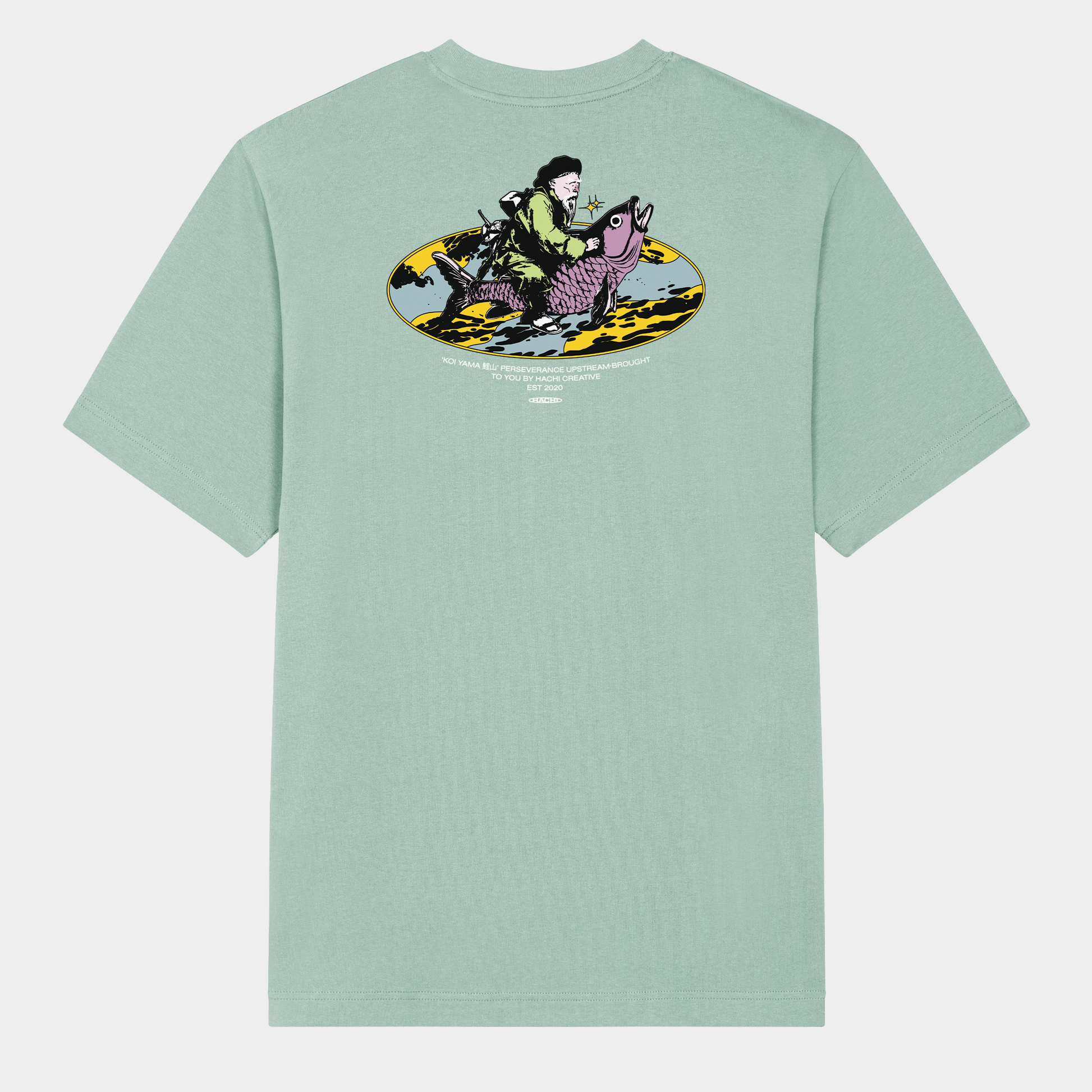 Hachiman JPN Black oversized organic t-shirt featuring a pastel colour front print of two Japanese dragons guarding a temple beneath a starry sky