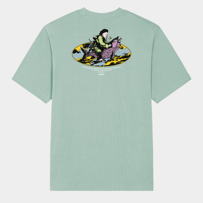 Hachiman JPN Black oversized organic t-shirt featuring a pastel colour front print of two Japanese dragons guarding a temple beneath a starry sky