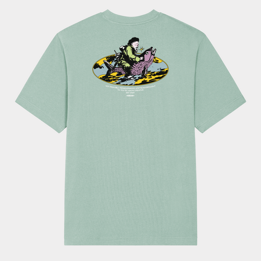 Hachiman JPN Black oversized organic t-shirt featuring a pastel colour front print of two Japanese dragons guarding a temple beneath a starry sky