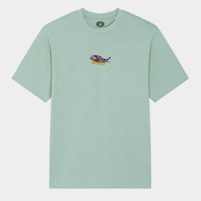 Light green Hachiman JPN oversized organic t-shirt featuring a pastel colour front print of a huge Japanese koi carp sat above a wavy Hachi logo.