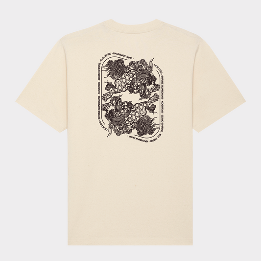 Ecru Hachiman JPN oversized organic t-shirt featuring a brown back print of two mirrored Japanese lion dog Komainu inside a rounded rectangle wrapped in micro-type.