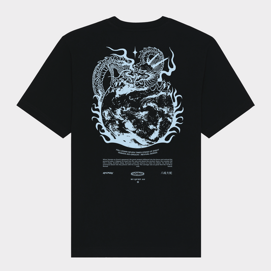 Hachiman JPN Black oversized organic t-shirt featuring a light blue back print of a Japanese dragon wrapped around earth engulfed in flame.