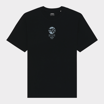Hachiman JPN Black oversized organic t-shirt featuring a light blue front print of Earth with text and logo's beneath.
