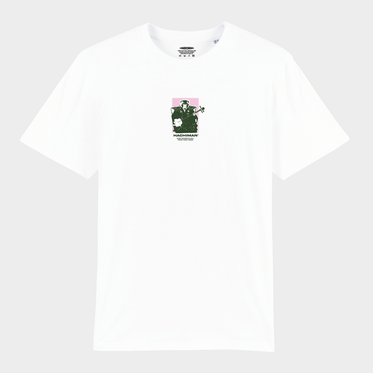 Hachiman JPN white organic t-shirt featuring a pink and green front print of a performing Japanese Macaque sat wearing a kimono playing a shamisen