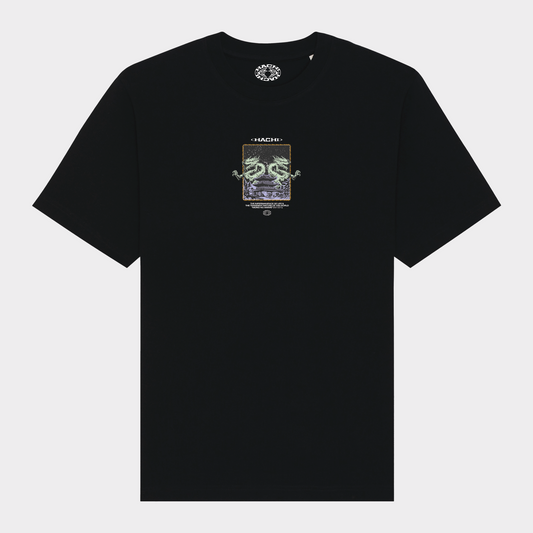 Black Hachiman JPN oversized organic t-shirt featuring a pastel colour front print of two mirrored Japanese dragons protecting a temple adorned with a flame border and the Hachi crane logo and type beneath.