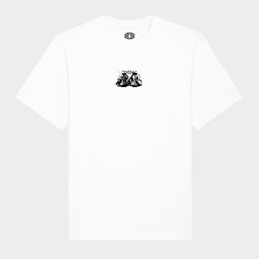 Hachiman JPN white oversized organic t-shirt featuring a black front print of two frogs sat wearing traditional Japanese samurai attire.