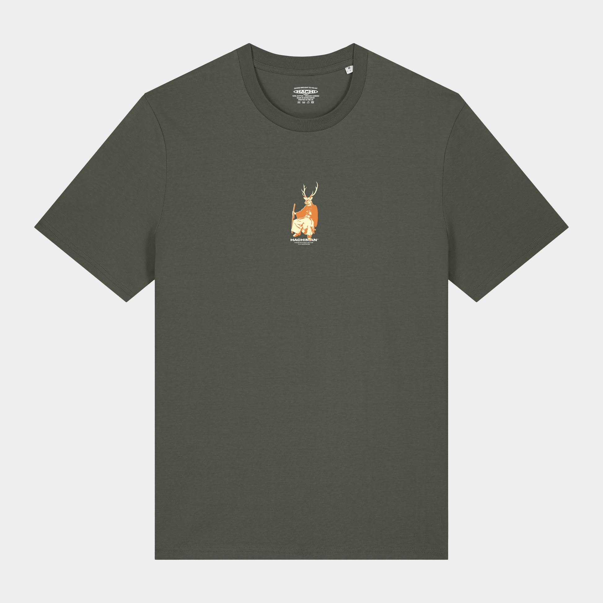 Khaki organic t-shirt with a Japanese graphic of a Sika Dear parading as a samurai.
