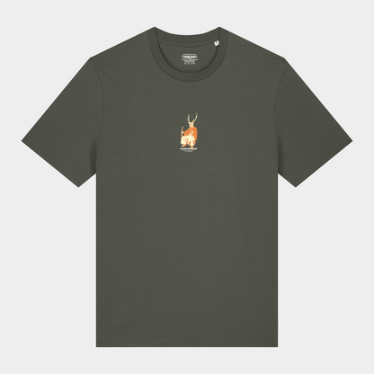 Khaki organic t-shirt with a Japanese graphic of a Sika Dear parading as a samurai.
