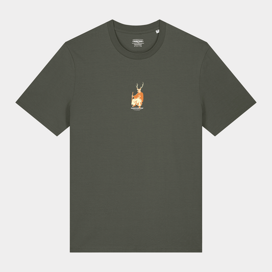 Khaki organic t-shirt with a Japanese graphic of a Sika Dear parading as a samurai.