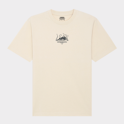 Ecru Hachiman JPN oversized organic t-shirt featuring a black front print of an edo period row boat being attacked by Akkorokamui a Japanese folklore sea creature.
