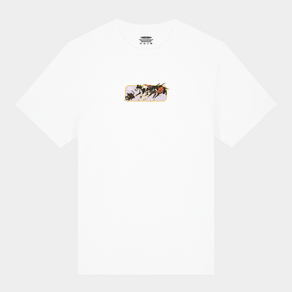 White relaxed organic t-shirt with a Japanese graphic of a cat wearing a kimono scurrying away from several greyhounds.